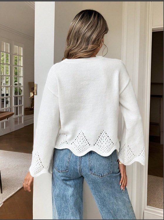 Women's Crochet Knit Sweater – Loose Fit Hollow-Out Irregular Hem Top - Image 4