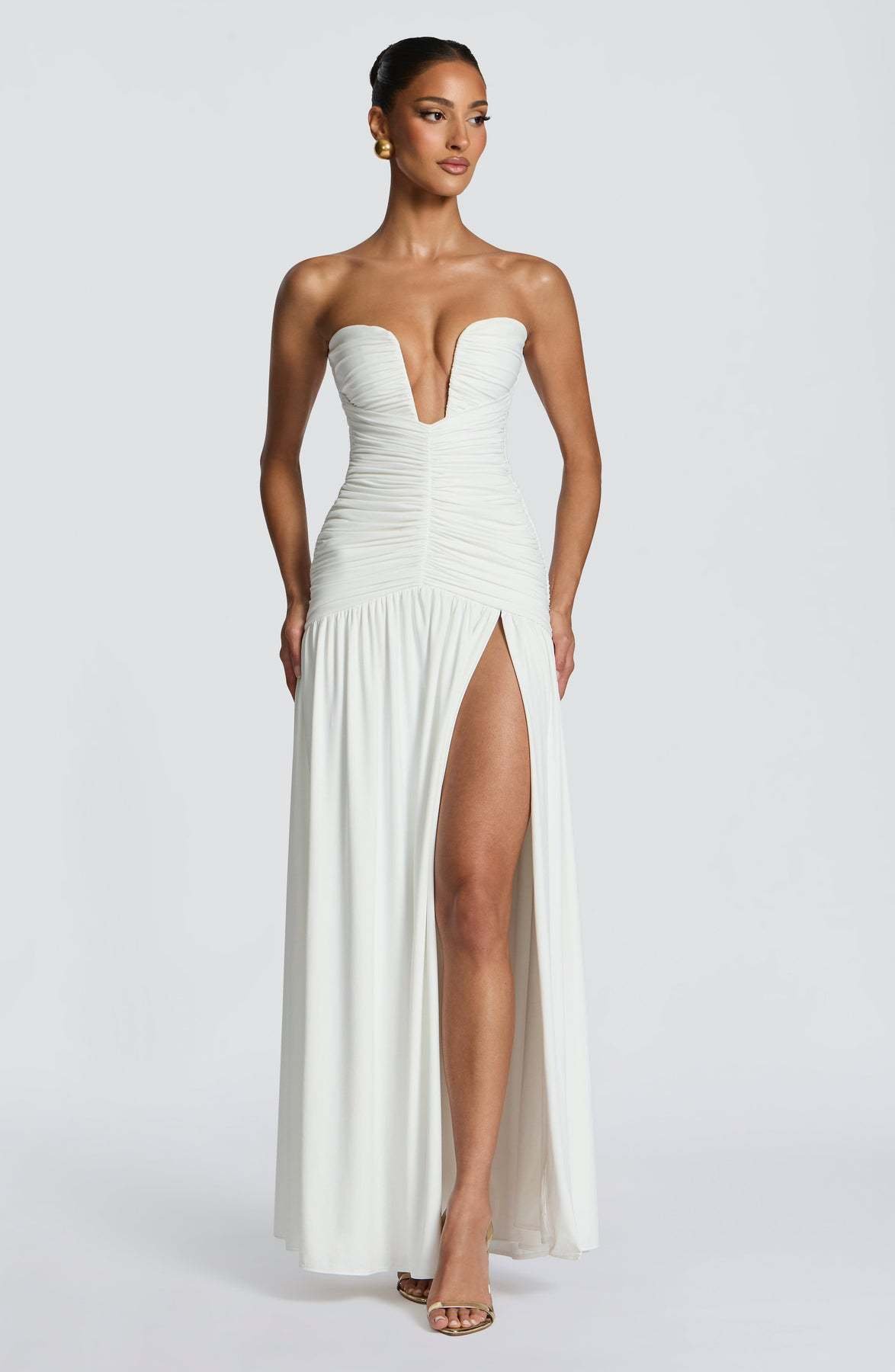 Women's Strapless Ruched Dress – Slim Fit High-Slit Floor-Length Dress - Image 3