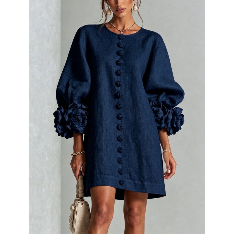 Women's Floral Applique A-Line Dress – Lantern Sleeve Midi Dress - Image 4