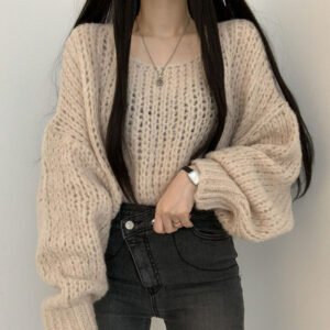 Women's Oversized Knit Sweater – Loose Fit Lantern Sleeve Pullover