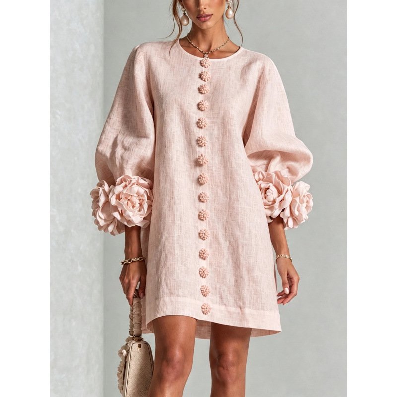Women's Floral Applique A-Line Dress – Lantern Sleeve Midi Dress - Image 3