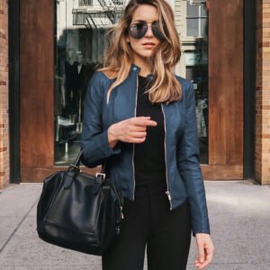 Women's PU Leather Blazer Jacket – Slim Fit Long Sleeve Zip-Up Jacket