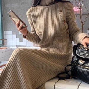 Women's Turtleneck Knit Dress – Striped Mid-Length Long Sleeve Dress