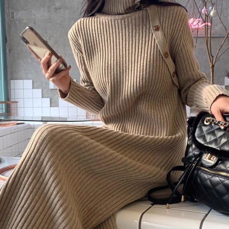 Women's Turtleneck Knit Dress – Striped Mid-Length Long Sleeve Dress