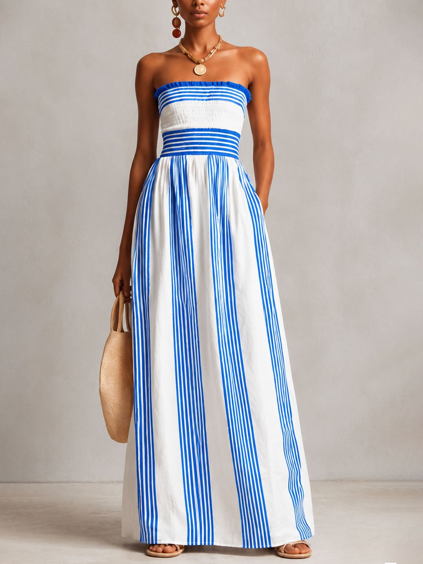 Women's Striped Maxi Dress – Strapless A-Line Long Summer Dress - Image 6