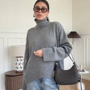 Women's High Neck Knit Sweater – Relaxed Fit Long Sleeve Pullover