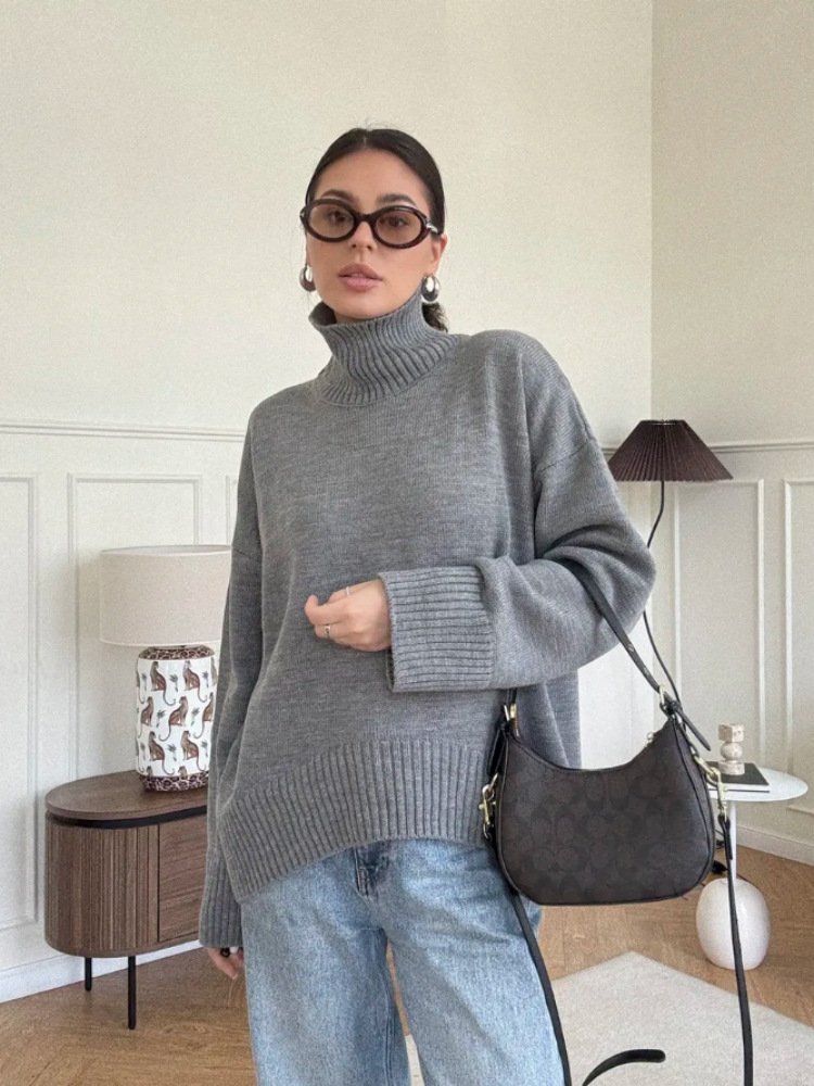 Women's High Neck Knit Sweater – Relaxed Fit Long Sleeve Pullover