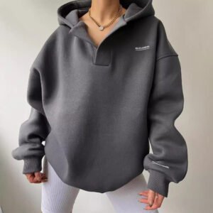 Women's Fleece-Lined Hoodie – Loose Fit Printed Long Sleeve Pullover