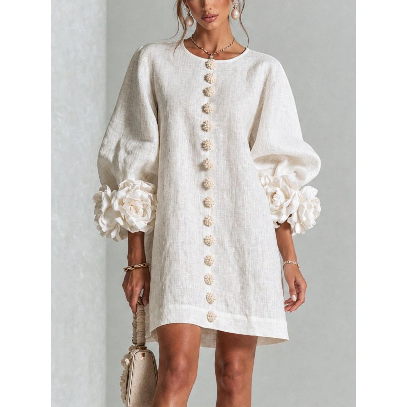 Women's Floral Applique A-Line Dress – Lantern Sleeve Midi Dress - Image 2