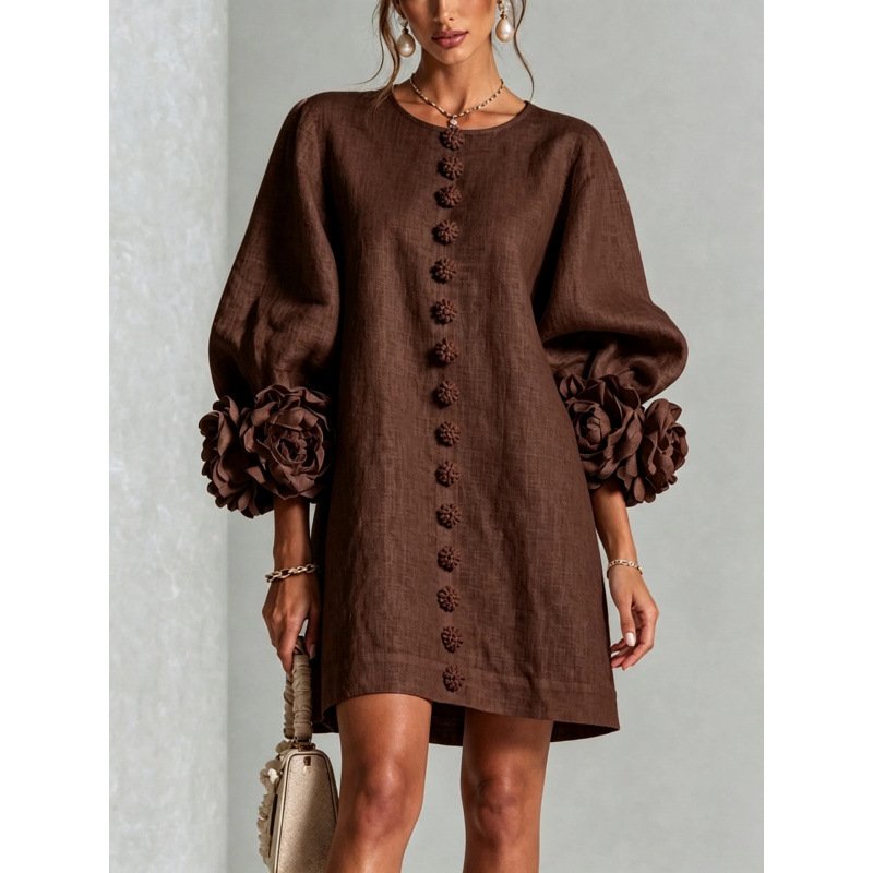 Women's Floral Applique A-Line Dress – Lantern Sleeve Midi Dress - Image 6
