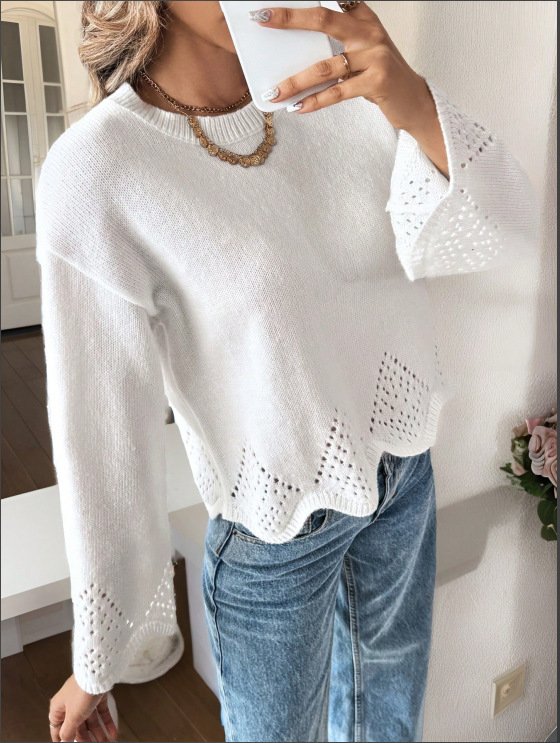 Women's Crochet Knit Sweater – Loose Fit Hollow-Out Irregular Hem Top - Image 3