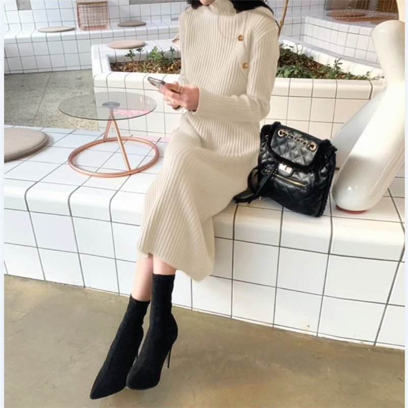 Women's Turtleneck Knit Dress – Striped Mid-Length Long Sleeve Dress - Image 4