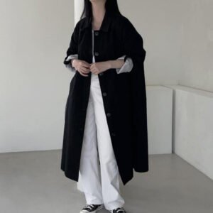 Women's Long Trench Coat – Loose Fit Single-Breasted Lapel Coat