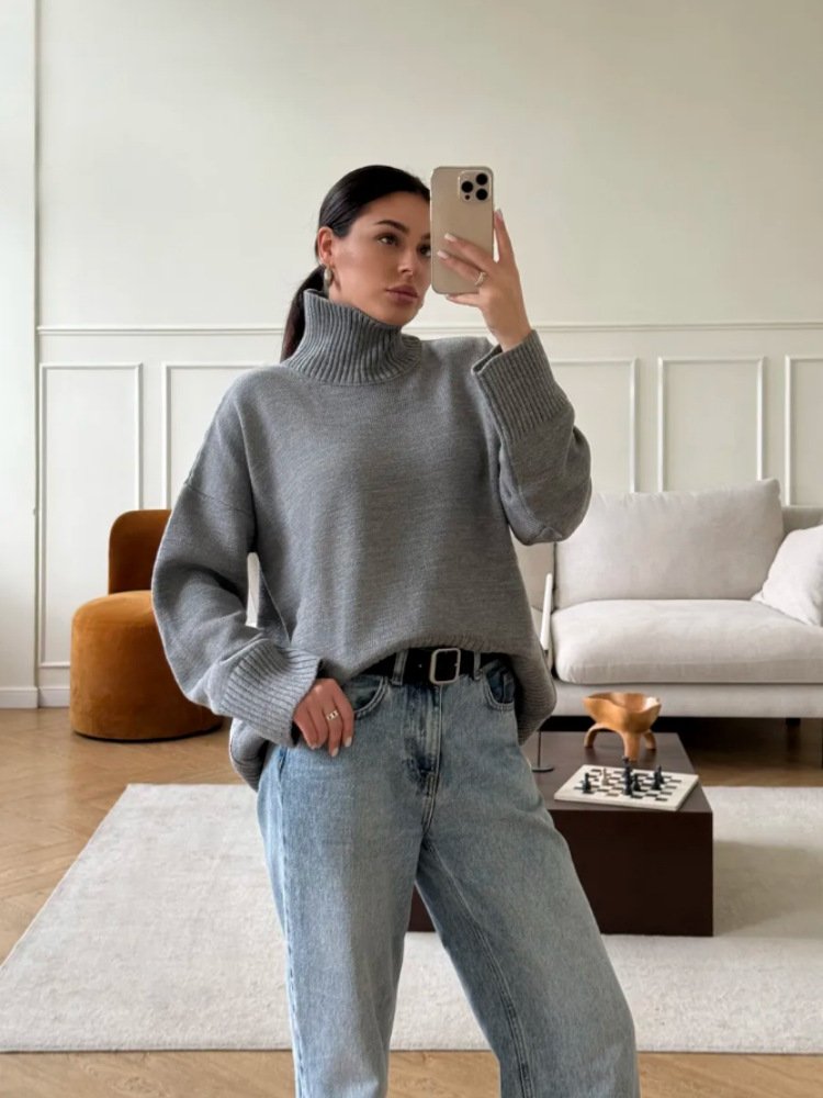 Women's High Neck Knit Sweater – Relaxed Fit Long Sleeve Pullover - Image 4