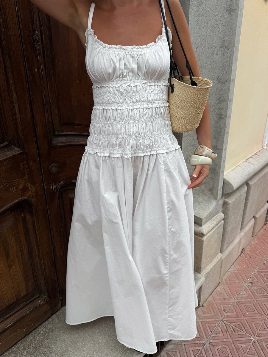Women's Cotton Maxi Dress – Spaghetti Strap Pleated A-Line Dress - Image 4