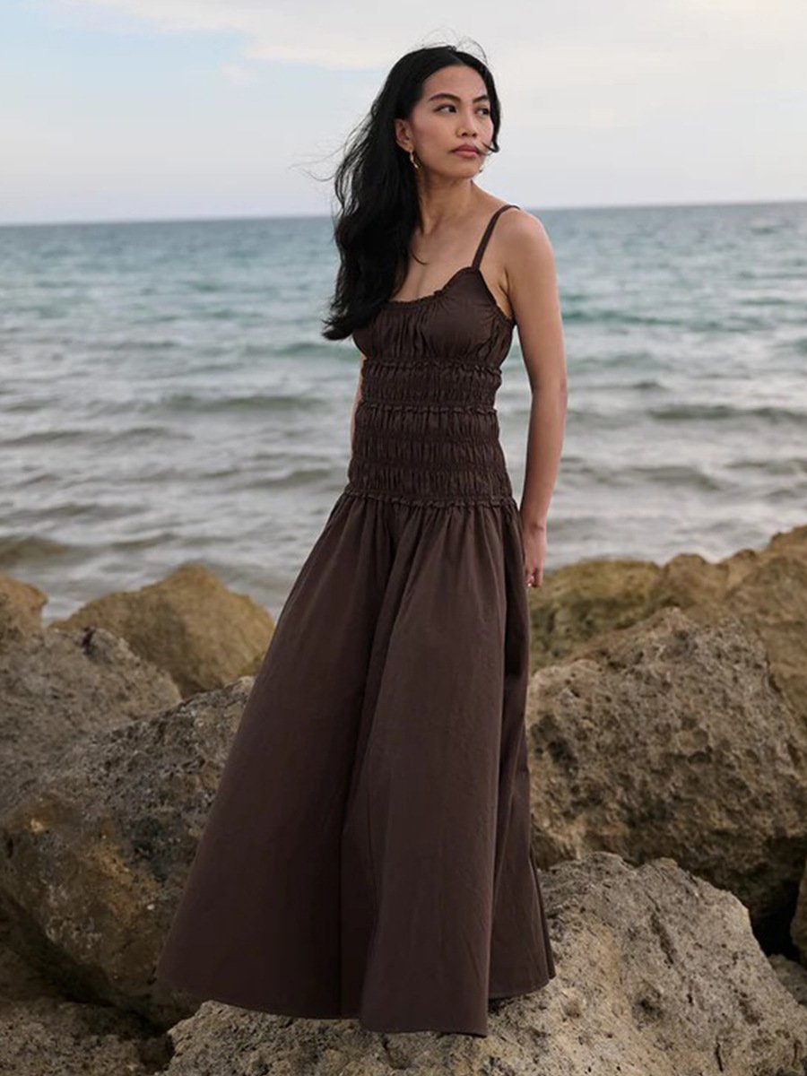 Women's Cotton Maxi Dress – Spaghetti Strap Pleated A-Line Dress