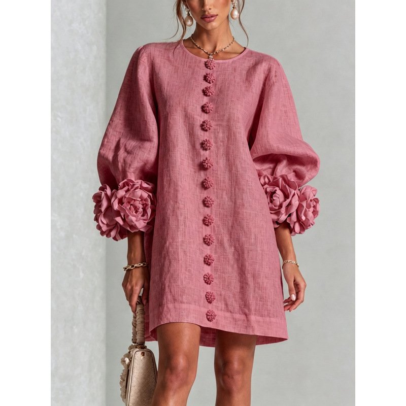 Women's Floral Applique A-Line Dress – Lantern Sleeve Midi Dress - Image 11