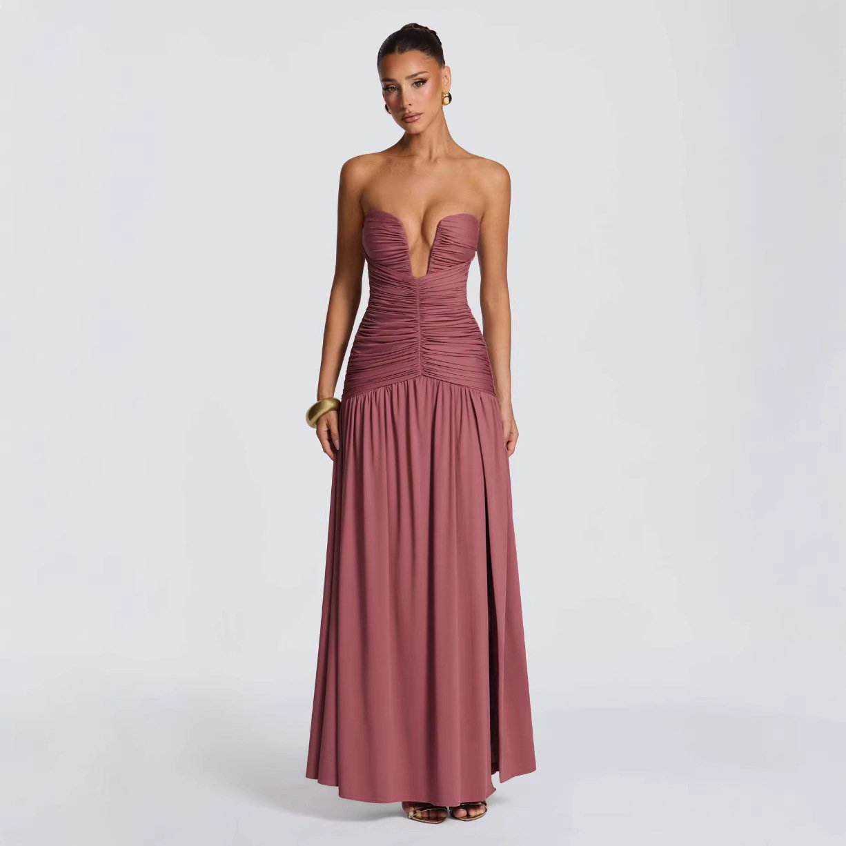 Women's Strapless Ruched Dress – Slim Fit High-Slit Floor-Length Dress - Image 5