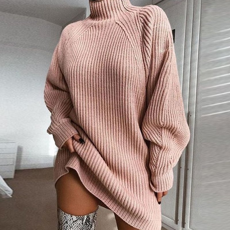 Women's Turtleneck Sweater Dress – Long Sleeve Knit Midi Dress