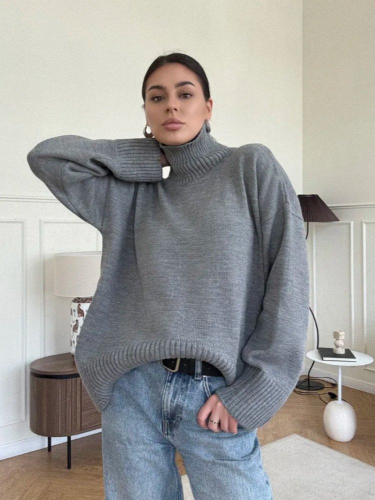 Women's High Neck Knit Sweater – Relaxed Fit Long Sleeve Pullover - Image 5