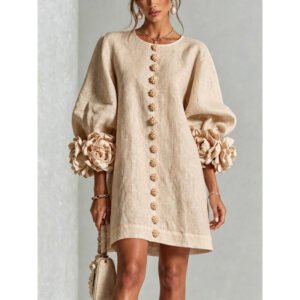 Women's Floral Applique A-Line Dress – Lantern Sleeve Midi Dress