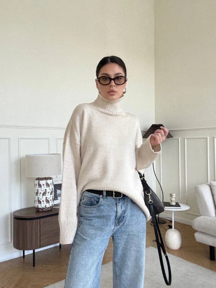 Women's High Neck Knit Sweater – Relaxed Fit Long Sleeve Pullover - Image 6