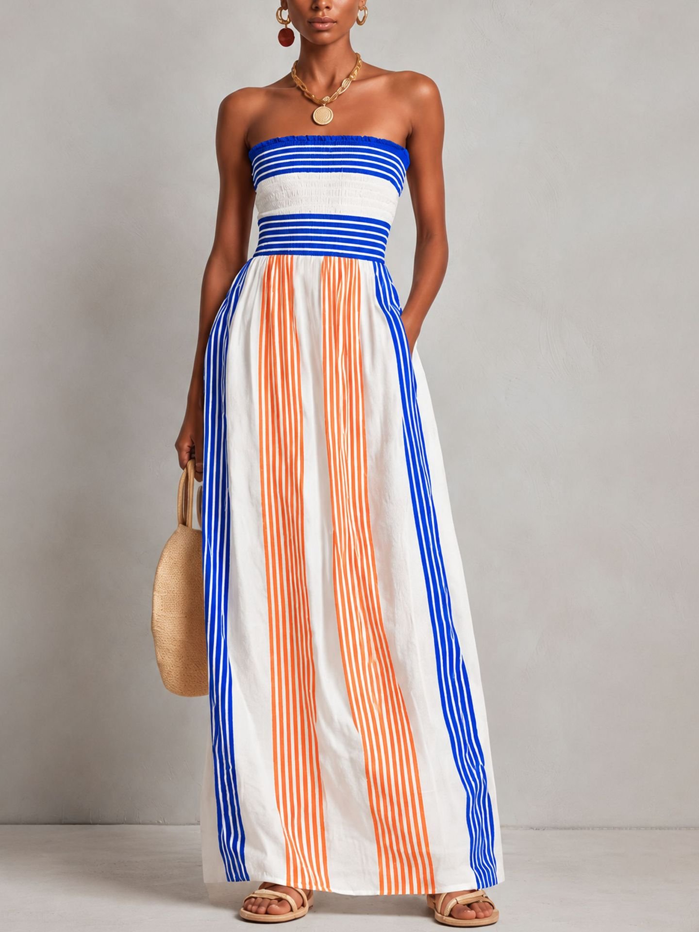 Women's Striped Maxi Dress – Strapless A-Line Long Summer Dress - Image 5