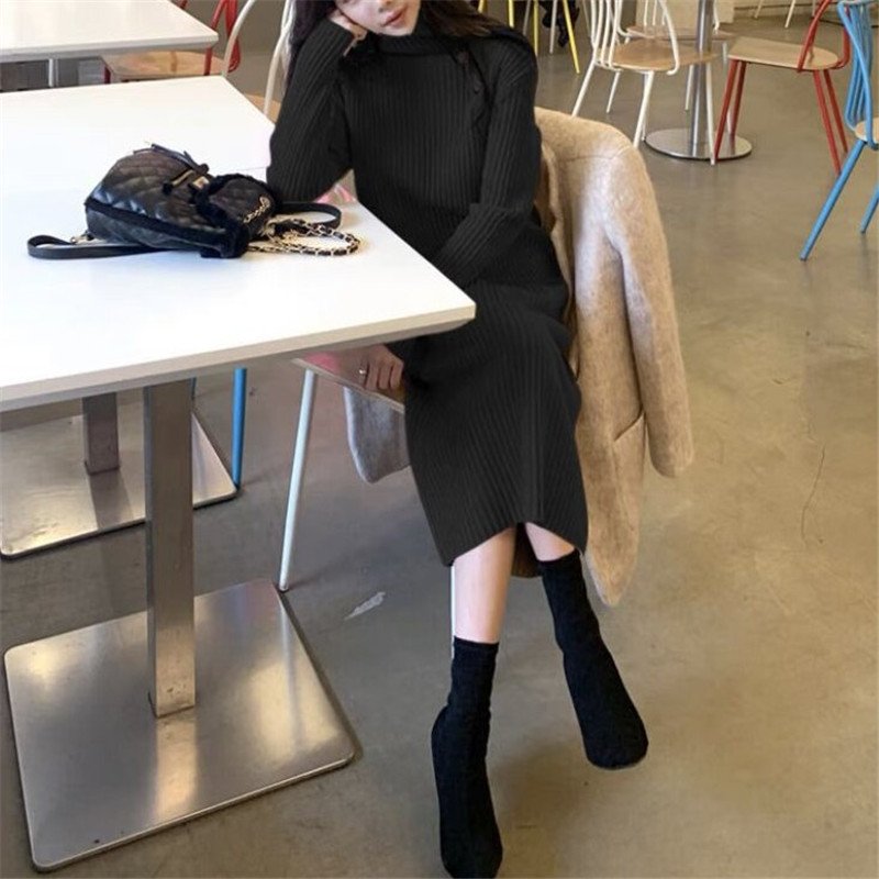 Women's Turtleneck Knit Dress – Striped Mid-Length Long Sleeve Dress - Image 3