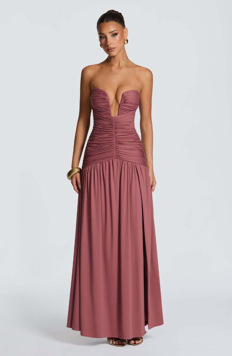 Women's Strapless Ruched Dress – Slim Fit High-Slit Floor-Length Dress - Image 6