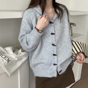 Women's Hooded Knit Cardigan – Loose Fit Button-Up Sweater Coat