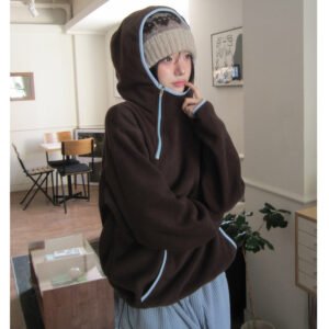 Women's Fleece Hooded Jacket – Loose Fit Zip-Up Winter Coat