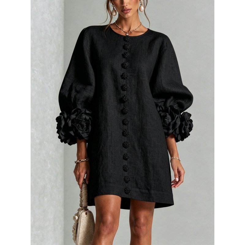 Women's Floral Applique A-Line Dress – Lantern Sleeve Midi Dress - Image 7