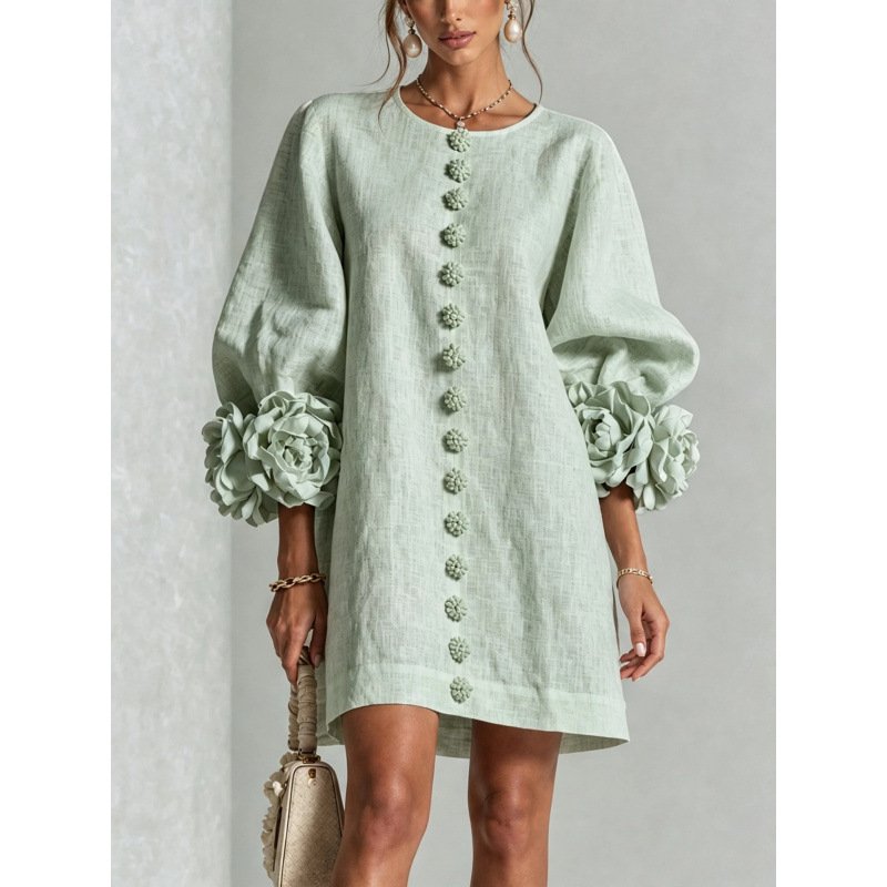 Women's Floral Applique A-Line Dress – Lantern Sleeve Midi Dress - Image 8