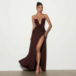 Women's Strapless Ruched Dress – Slim Fit High-Slit Floor-Length Dress
