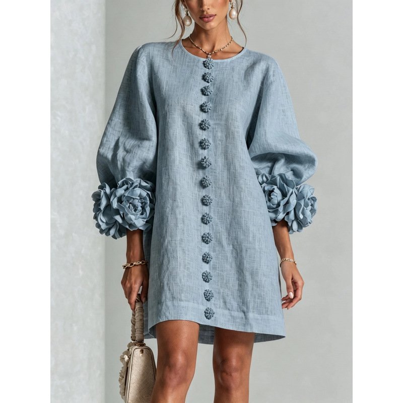 Women's Floral Applique A-Line Dress – Lantern Sleeve Midi Dress - Image 10