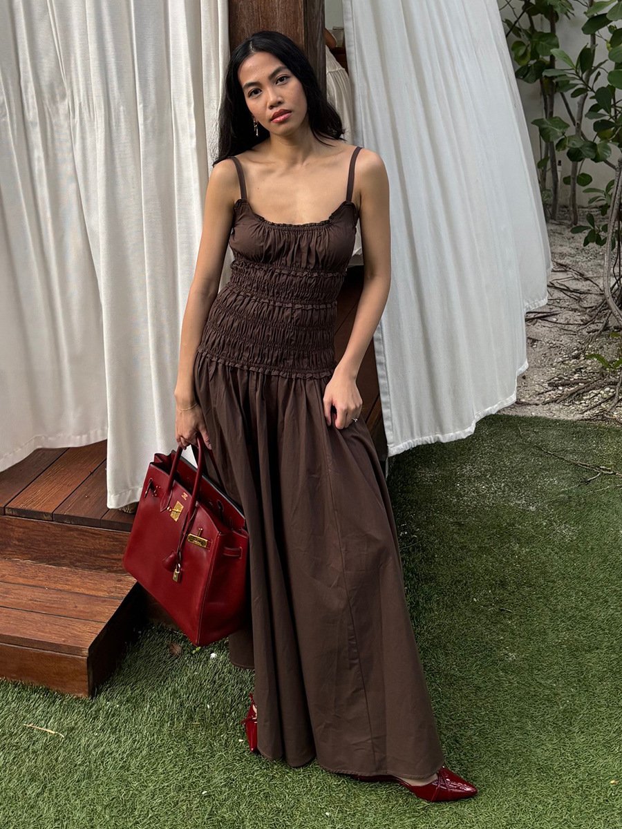 Women's Cotton Maxi Dress – Spaghetti Strap Pleated A-Line Dress - Image 3