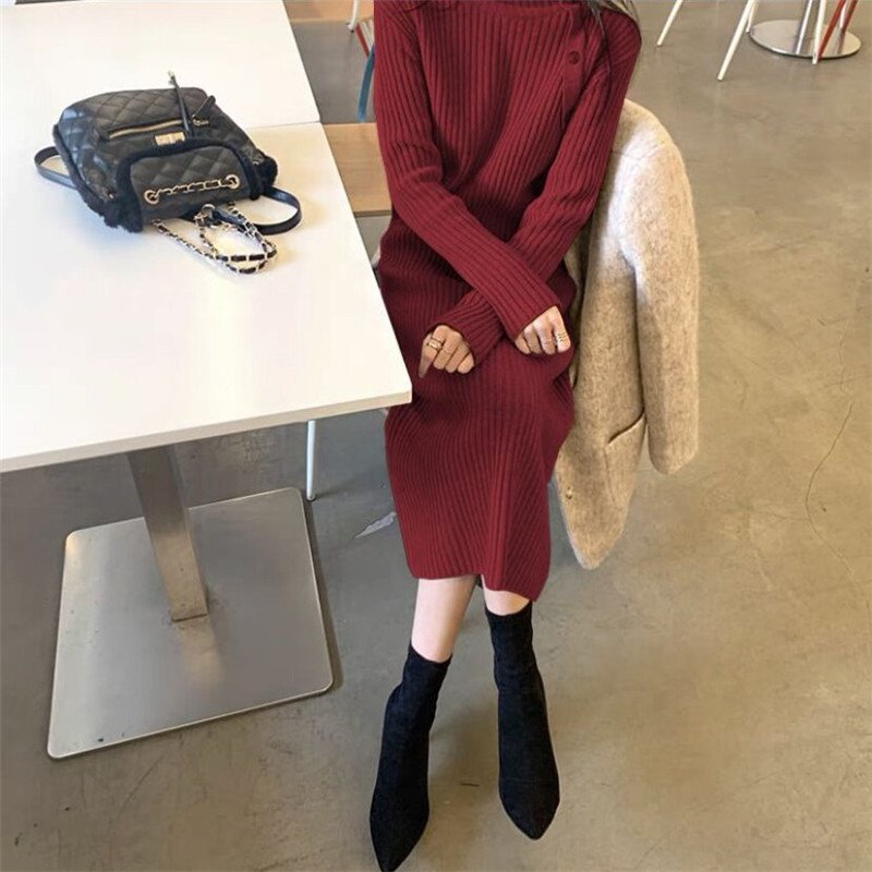 Women's Turtleneck Knit Dress – Striped Mid-Length Long Sleeve Dress - Image 2
