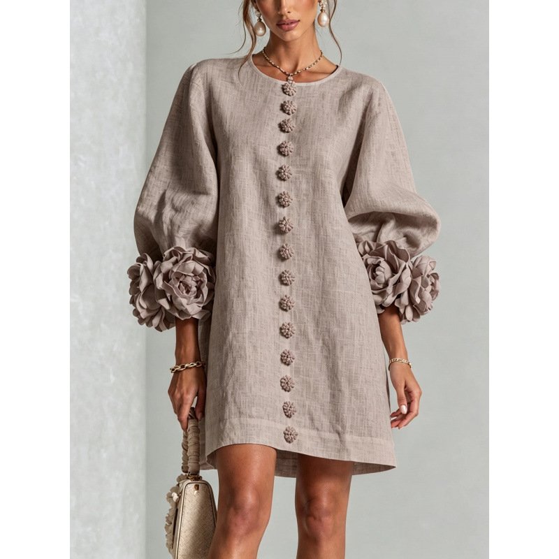 Women's Floral Applique A-Line Dress – Lantern Sleeve Midi Dress - Image 12