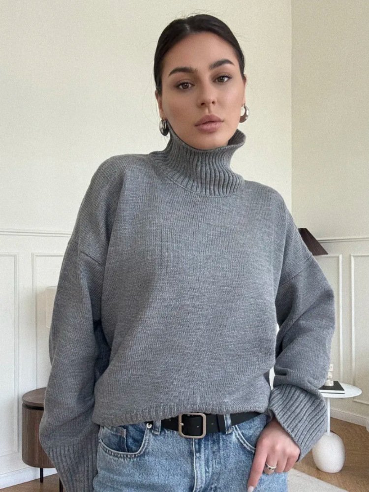 Women's High Neck Knit Sweater – Relaxed Fit Long Sleeve Pullover - Image 3