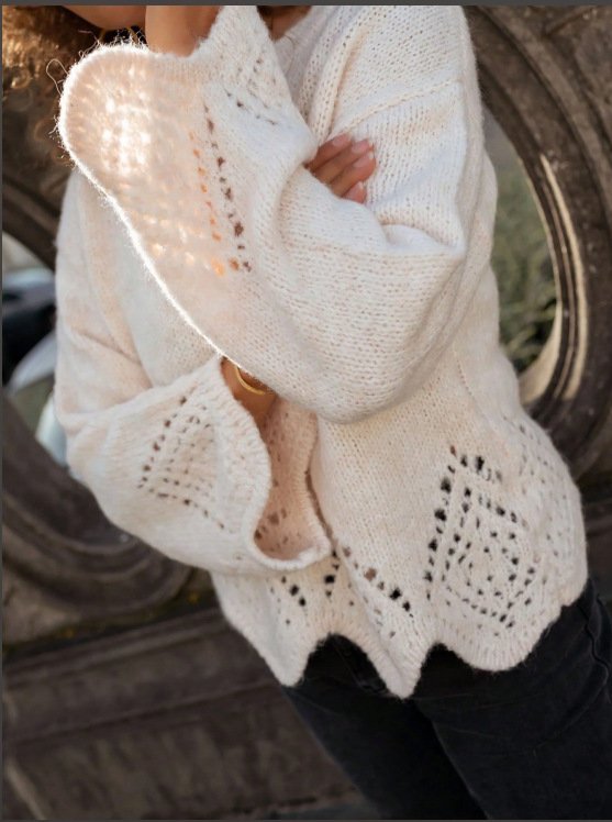 Women's Crochet Knit Sweater – Loose Fit Hollow-Out Irregular Hem Top - Image 2