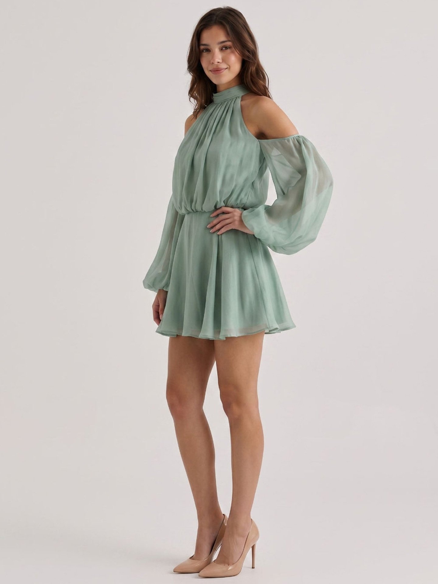 Women's Off-Shoulder Bodycon Dress – Bubble Sleeve Mini Dress - Image 4