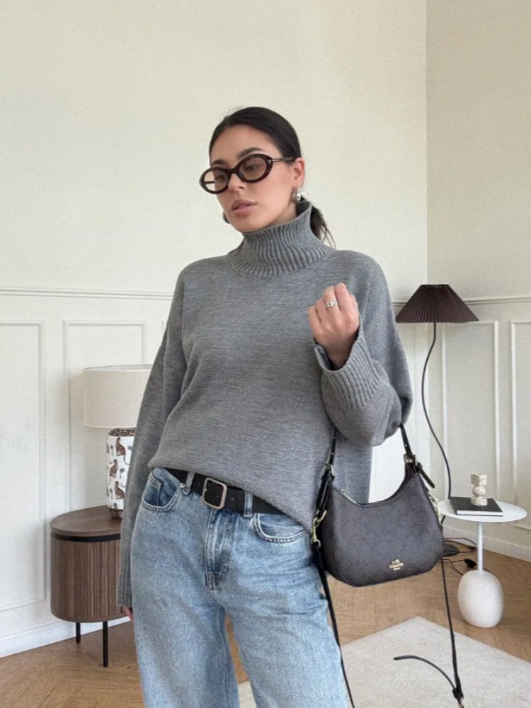 Women's High Neck Knit Sweater – Relaxed Fit Long Sleeve Pullover - Image 2