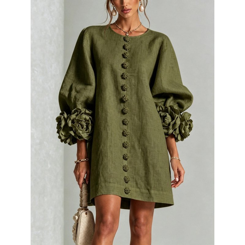 Women's Floral Applique A-Line Dress – Lantern Sleeve Midi Dress - Image 5