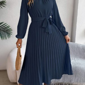 Women's Pleated Maxi Dress – Stand Collar Long Sleeve Elegant Dress